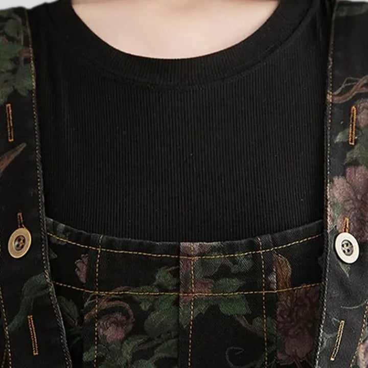 Baggy fit floral pattern women's denim overall